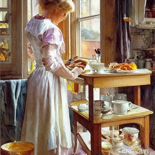 Image similar to beautiful blonde woman, making breakfast, morning, painting volegov carl larsson