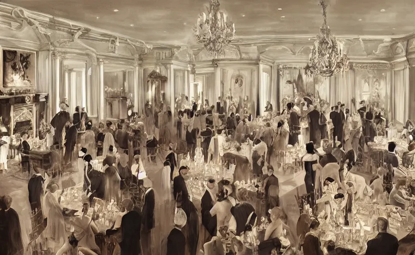 Prompt: realist digital painting of a 1 9 2 0 s grand party in a beautiful mansion, many partygoers, strong contrast, unreal engine, hyper realism, realistic shading, cinematic composition, realistic render, octane render, detailed textures, photorealistic, ultrawide shot, 3 5 mm film