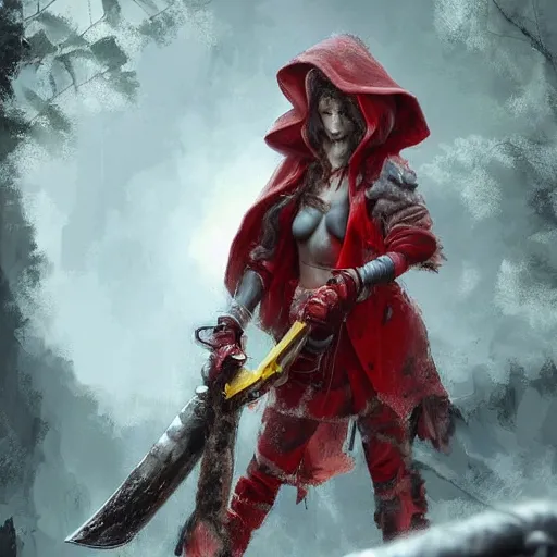 Image similar to digital _ painting _ of _ little red riding silk hood wolf slayer with chainsaw arm _ by _ filipe _ pagliuso _ and _ justin _ gerard _ unsymmetric _ fantasy _ highly _ detailed _ realistic _ intricate _ port