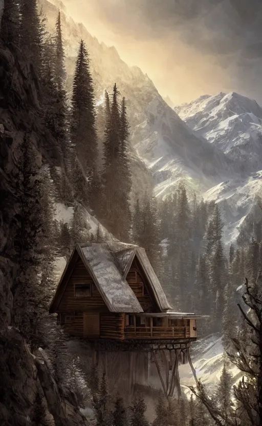 Image similar to cabin high on a mountain, the valley beneath, dynamic lighting, photorealistic fantasy concept art, trending on art station, stunning visuals, creative, cinematic, ultra detailed