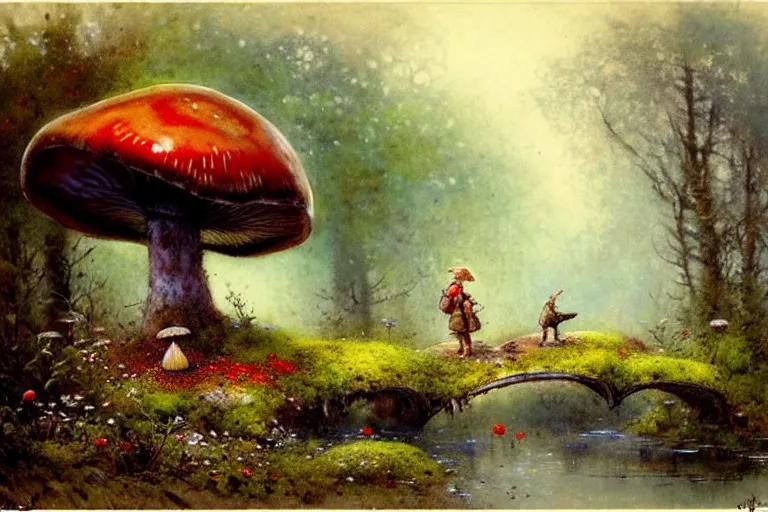 Image similar to adventurer ( ( ( ( ( 1 9 5 0 s retro future forrest of giant mushrooms, moss and flowers, stream with bridge. muted colors. ) ) ) ) ) by jean baptiste monge!!!!!!!!!!!!!!!!!!!!!!!!! chrome red