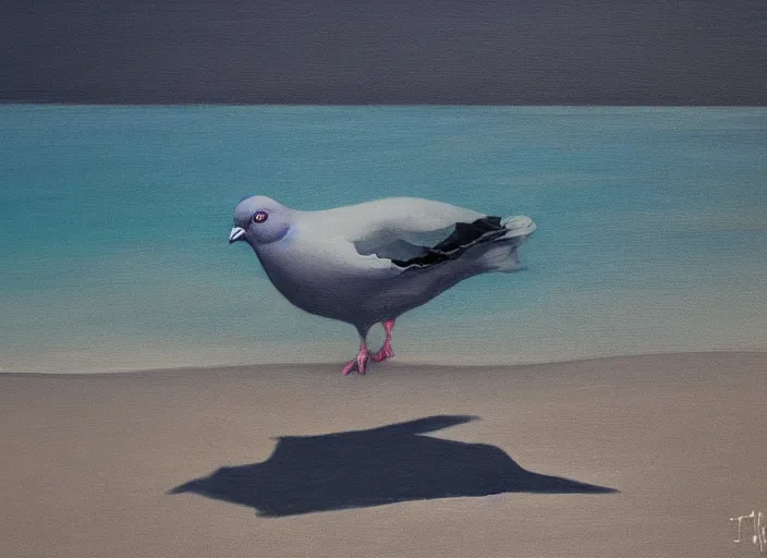 Image similar to pigeon, beach, serene, happy, black, artwork, acrylic paint, tonal colors, dark, volumetric lighting, post processing