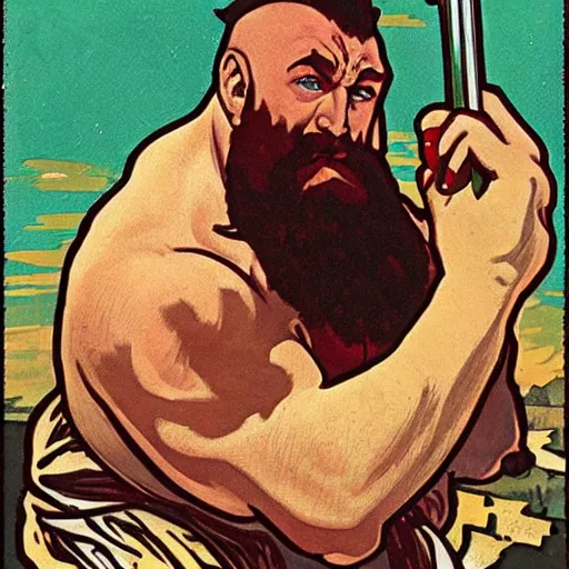 Image similar to zangief from street fighter wrestling a bear by alphonse mucha