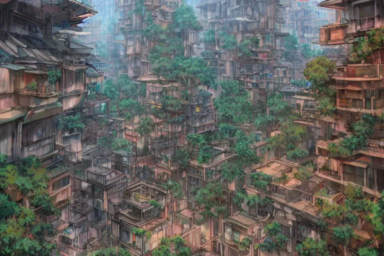 Image similar to kowloon walled forest city, still from studio ghibli anime movie, digital art, artgerm, trending on artstation