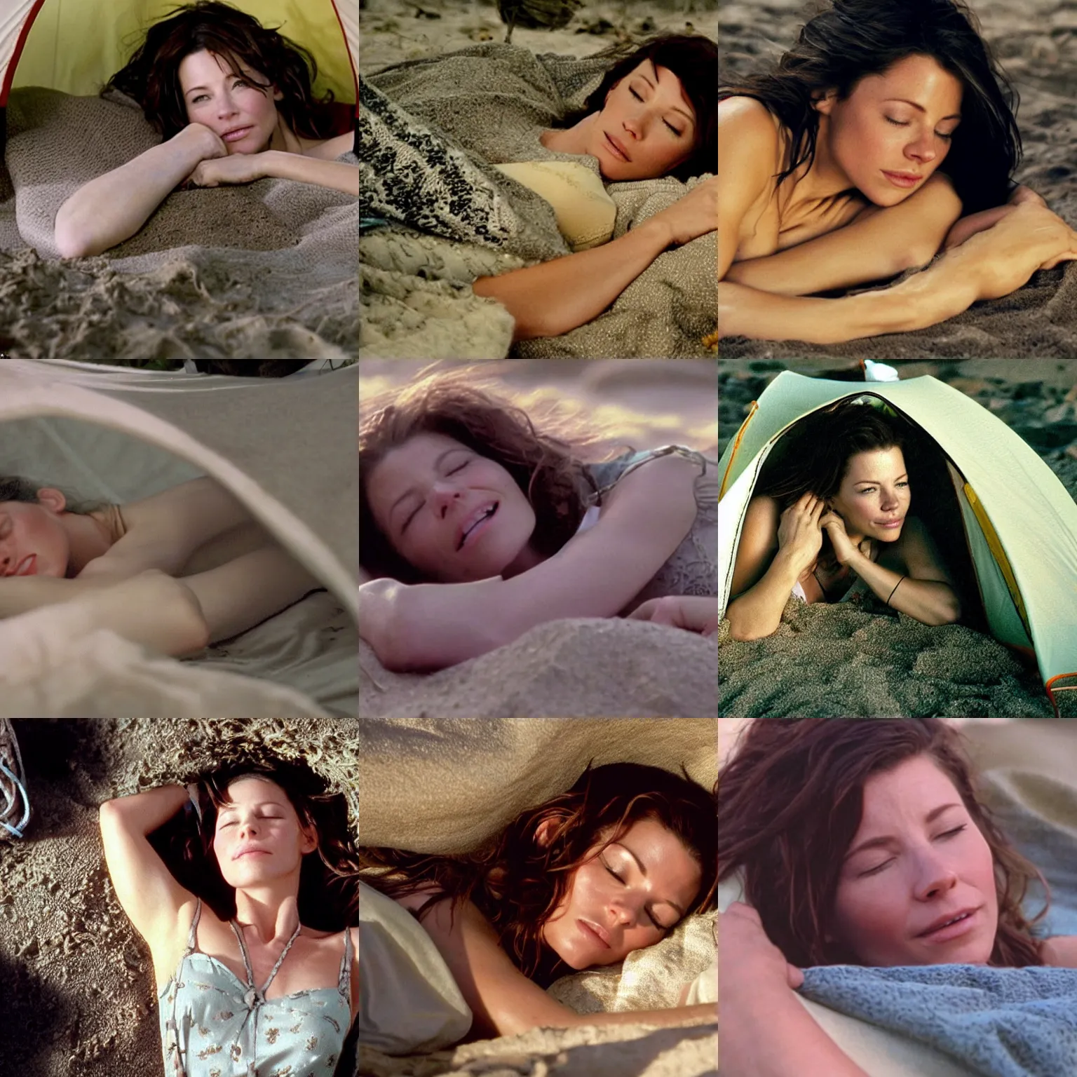 Prompt: evangeline lily sleeping in a tent on a beach, lost ( 2 0 0 4 ), cinematic