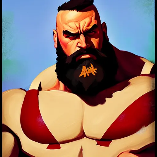 Image similar to Greg Manchess portrait painting of Zangief as Overwatch character, medium shot, asymmetrical, profile picture, Organic Painting, sunny day, Matte Painting, bold shapes, hard edges, street art, trending on artstation, by Huang Guangjian and Gil Elvgren and Sachin Teng