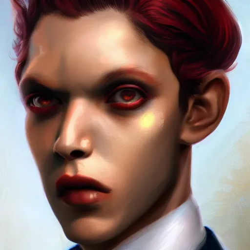 Prompt: portrait of a beautiful nonbinary actor with dark skin and messy short red hair wearing a men's suit, elf ears and gold eyes, by Gerald Brom and Ross Tran, dramatic lighting, 4K, trending on artstation