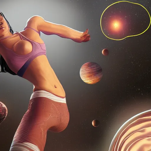 Prompt: female yoga instructor holding planet in space, trending on art station, 8 k