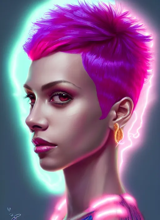 Image similar to portrait of vanessa morgan with bright pink hair, curly pixie cut hair, wearing a purple breton cap, breton cap, hoop earrings, intricate, elegant, glowing lights, highly detailed, digital painting, artstation, concept art, smooth, sharp focus, illustration, art by wlop, mars ravelo and greg rutkowski