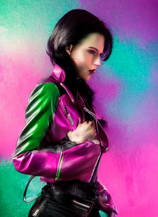 Prompt: a photo of 8 k ultra realistic a black haired female in high heels and a black leather jacket, pink, purple, green, yelow, red, blue, white neon, art by lise deharme