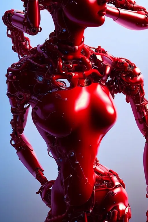 Prompt: a statue made of red marble, of an beautiful chinese girl, full body shot, perfect body, white red biomechanical, inflateble shapes, wearing epic bionic cyborg implants, masterpiece, intricate, biopunk futuristic wardrobe, vogue, highly detailed, artstation, concept art, background galaxy, cyberpunk, octane render