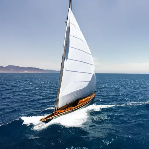 Image similar to wide-angle photography of a huge, sea blue modern sail boat sailing on an windstill ocean, award winning, 8k