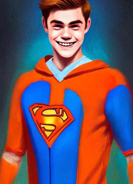 Image similar to friendly teenage archie andrews wearing an orange superhero costume with heart logo, heart, freckles, blue cape, heart emblem on chest, blue cape, intricate, elegant, glowing lights, highly detailed, digital painting, artstation, sharp focus, illustration, art by wlop, mars ravelo and greg rutkowski