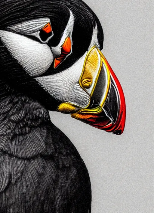 Prompt: close - up puffin, lens, electric, neon, highly detailed, intricate, coherent, luminescent, digital painting, artstation, concept art, smooth, sharp focus, illustration, art by artgerm and greg rutkowski and alphonse mucha, 8 k