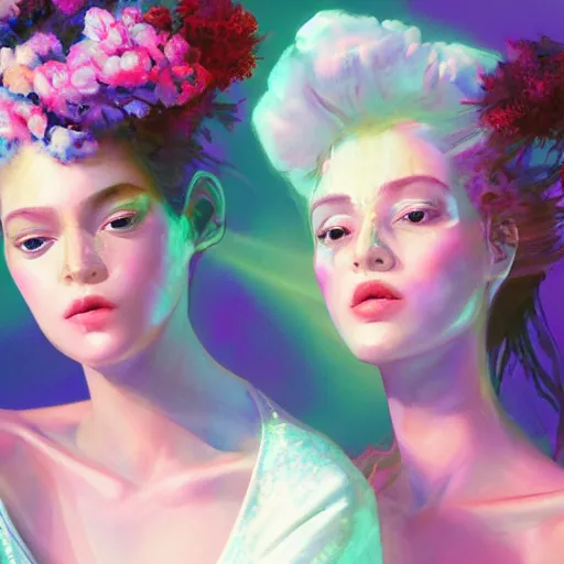 Prompt: portrait of the two most beautiful women surrounded by soft florals, vaporwave lighting, dewy skin, concept art, high detail, beautiful, dreamy