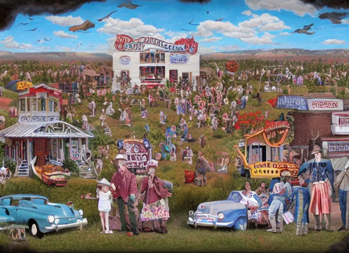 Prompt: americana tourism, lowbrow, matte painting, 3 - d highly detailed, in the style of mark ryden,