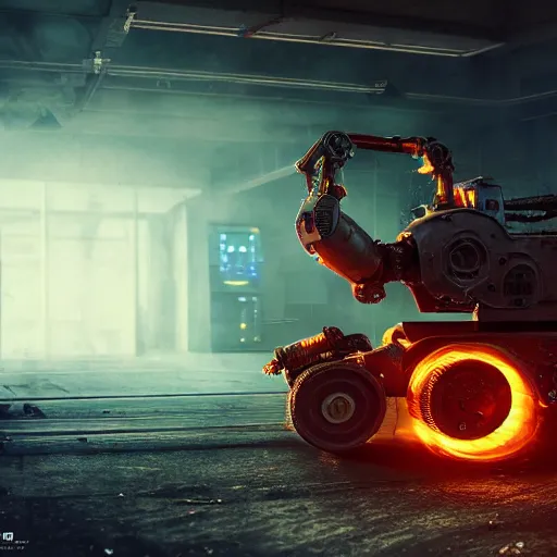 Image similar to toaster oven robot, mechanical, machine, octane render, sharp focus, hyper - realistic, intricate, detailed, eduard pronin, luka mivsek, ruan jia, dark messy smoke - filled cluttered workshop, dark, dramatic lighting, orange tint, sparks, cinematic, highly detailed, sci - fi, futuristic, movie still