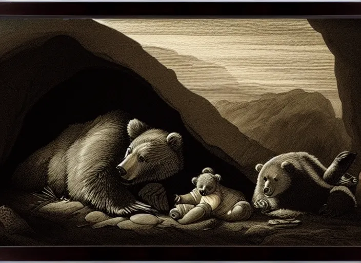 Image similar to Pieter Claesz's 'a bear and her cub sleeping in a dark cave, lit by campfire', night time, cross hatching, backlit, beautiful wooden frame, monochrome, colours of the sunset