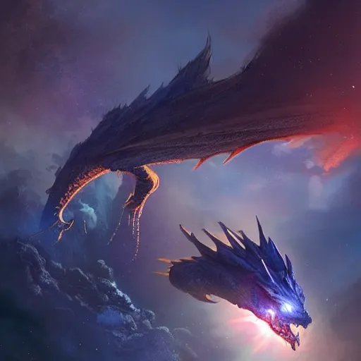 Image similar to Blue scaled dragon devouring an earth like planet while flying in space, sun system, nebula, digital art by Greg Rutkowski