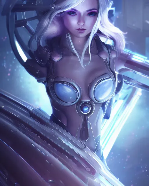 Image similar to perfect android girl on a mothership, warframe armor, beautiful face, scifi, futuristic, galaxy, nebula, raytracing, dreamy, long white hair, blue cyborg eyes, sharp focus, cinematic lighting, highly detailed, artstation, divine, by gauthier leblanc, kazuya takahashi, huifeng huang