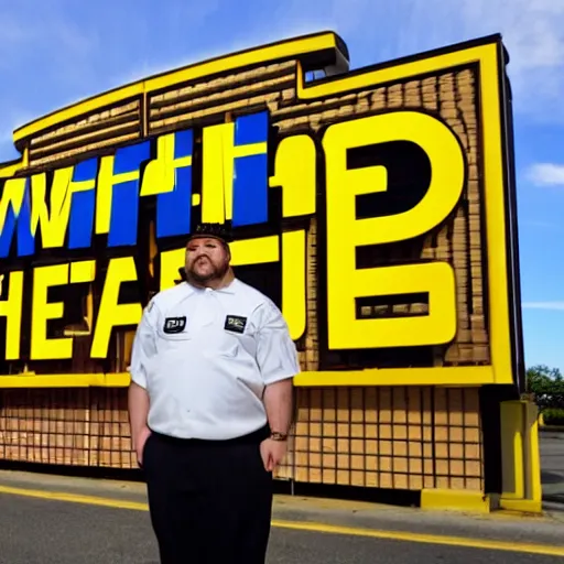 Image similar to wafflehouse employee's standing below wafflehouse sign, employees uniform is blue and black with yellow name tags