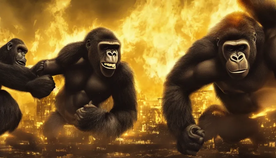 Prompt: epic concept art of hard fighting of two huge raging gorilla in burning tokyo city, cinematic composition, golden lighting, strong perspective