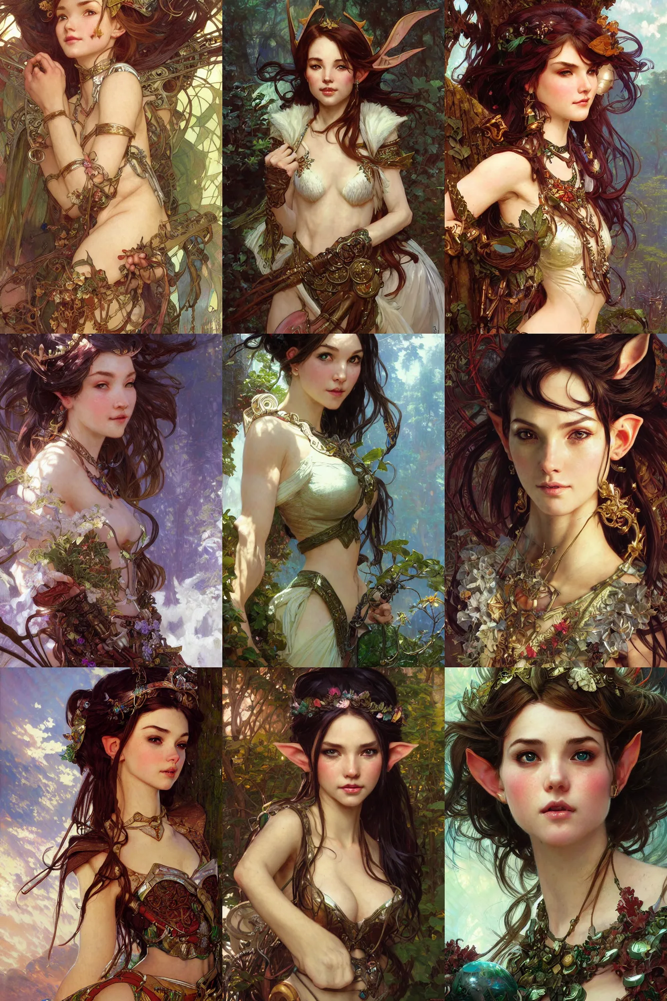 Prompt: closeup portrait of beautiful high-fantasy elf girl, intricate details, by Stanley Artgerm Lau, by greg rutkowski, by thomas kindkade, by alphonse mucha, loish, by norman rockwell J.