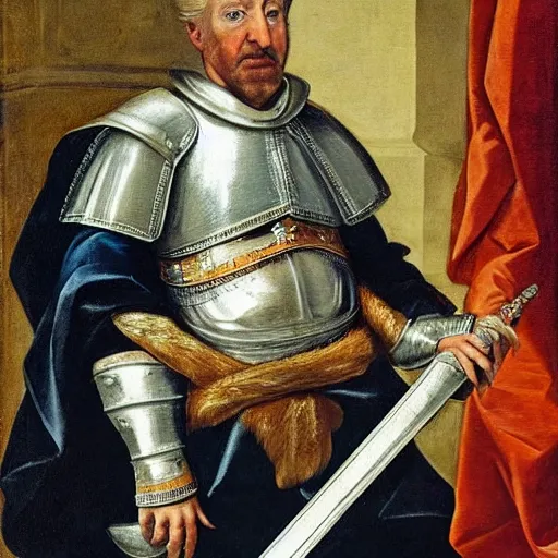 Image similar to donald trump, donald trump, wearing knight ’ s armor, holding a spectacular broadsword, by annibale carracci, two arms, two legs, donald trump ’ s face, donald trump, symmetrical face, highly detailed face, perfect face