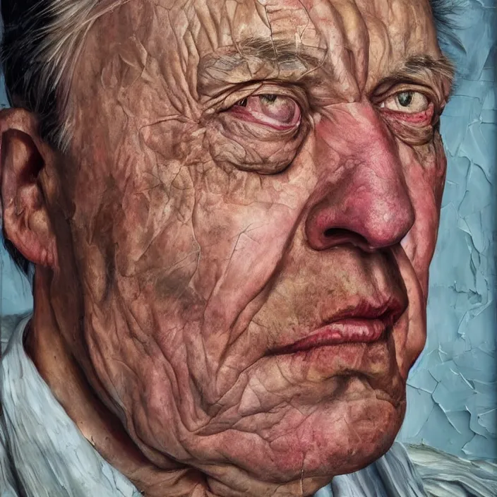 Prompt: hyperrealistic close up studio portrait of aging old Elon Musk age 103 wrinkled sorrowful, oil painting by Ivan Albright and Lucian Freud and Ron Mueck, trending on artstation Studio lighting hyperrealism