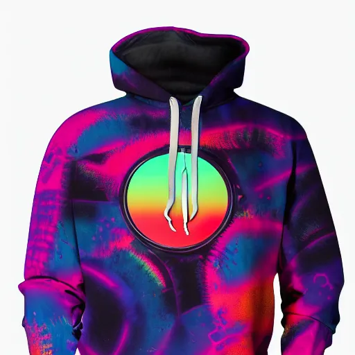 Prompt: product photo of an all over print hoodie in the style of Synthwave, vibrant colors, studio photography, f/1.8 cinematic lens