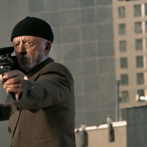 Image similar to Film still of Mike Ehrmantraut aiming with a sniper rifle on a rooftop, 4k, highly detailed