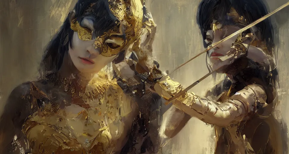 Image similar to craig mullins and ghibli digital art of a masked female play violin ， exotic costumes, gold jewelry, black hair, realistic shading, cinematic composition, realistic render, octane render, detailed textures, photorealistic, wide shot