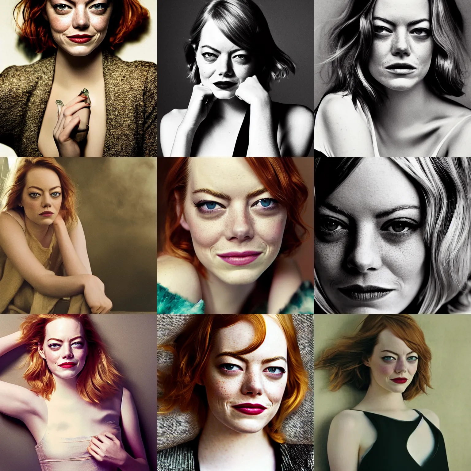 Prompt: photograph of emma stone by annie leibovitz, stoned, high, smoke