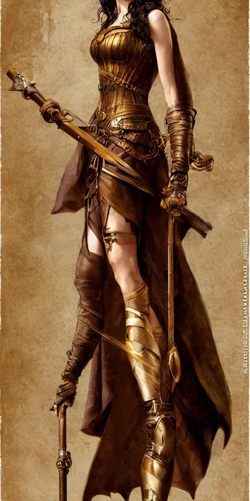 Image similar to highly detailed steampunk gal gadot standing, cape, staff : leonardo da vinci, greg rutkowski, magali villeneuve