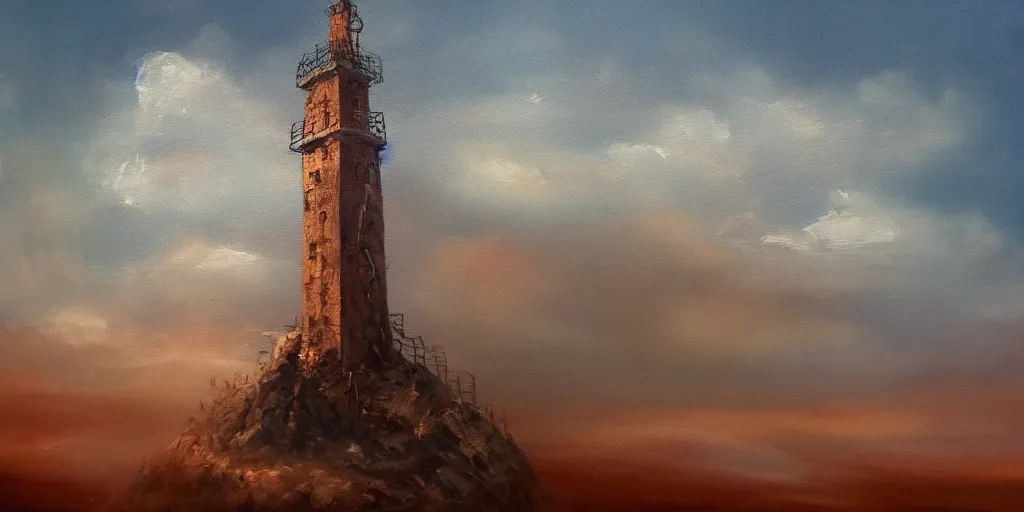 Image similar to an oil painting of a tower on the edge of forever, fantasy, hyper realistic, dramatic lighting, cinematic, 35mm lens, 2k,