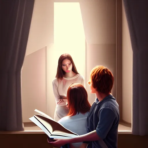 Image similar to hyperrealistic painting of a beautiful young woman holding a book while a woman and three men peep into the book from behind, detailed digital art, trending on artstation,