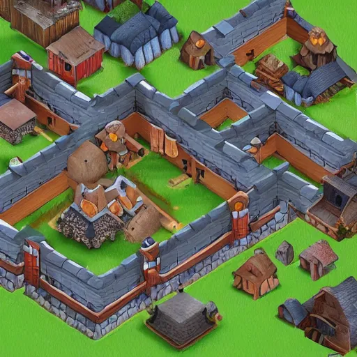 Prompt: isometric view of medieval village in the middle of forest, clash of clans style, modular game dev art