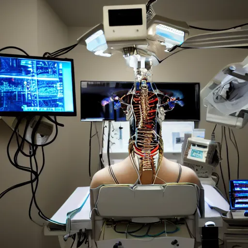 Image similar to long shot portrait of a human flat on back during robotic surgery, artificially embellished with computer circuitry, wires, and devices, small displays with vital readings and graphs crowd the operating room, semi - opaque skin, piercing glare in the eyes, confused, dark bokeh in background, light from top right, diverse textures