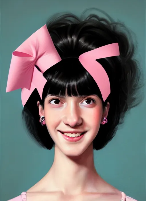 Image similar to portrait of high school girl, realistic, black hair, bangs, half updo hairstyle, pointy nose, skinny, smile, ugly, defined jawline, big chin, pink hair bow, earrings, intricate, elegant, glowing lights, highly detailed, digital painting, artstation, sharp focus, illustration, art by wlop, mars ravelo and greg rutkowski