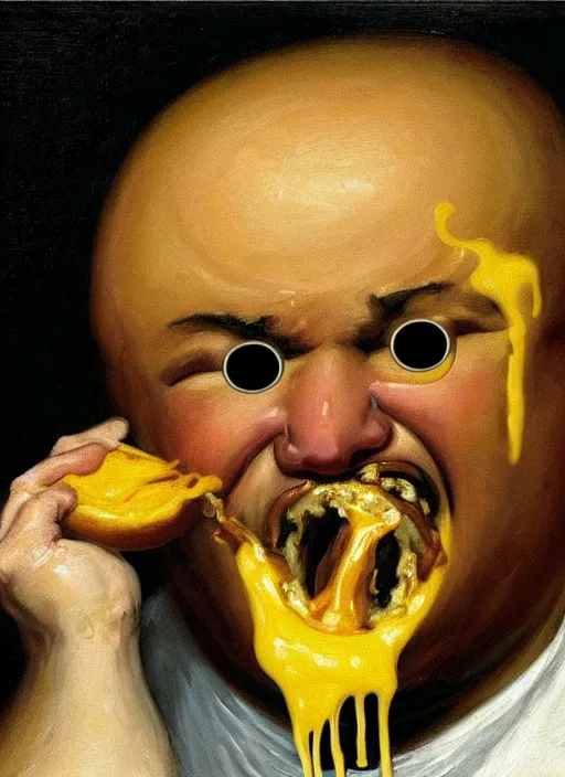Prompt: painting by franciso goya of guy fieri eating a greasy juicy burger dripping with cheese in the style of 'saturn devouring his son' wide eyes, piercing scary, wide mouth, thick brush strokes, dark, disturbing, hd, visible texture