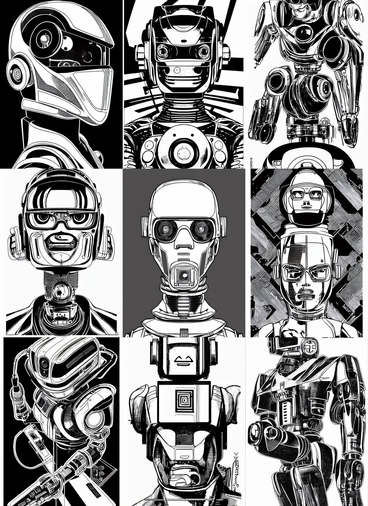 Prompt: robot designed by syd mead, naoto fukusawa and dieter rams, portrait, cyberpunk 2 0 2 0 manual, by steampoweredmikej, inktober, ink drawing, black and white, coloring pages, manga, highly detailed