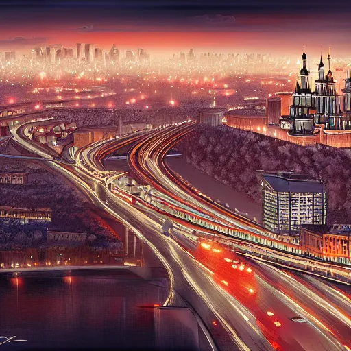 Image similar to a beautiful highly detailed matte painting of a night at Moscow city, by Jose Daniel Cabrera Pena and Leonid Kozienko concept art by Tooth Wuan