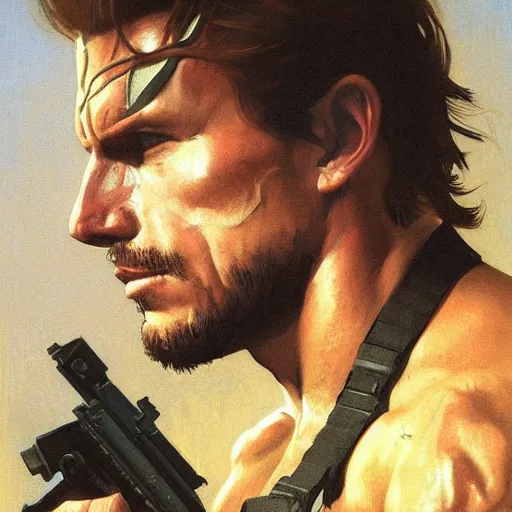 Image similar to Painting of Arnnold Schwarzenegger as Metal Gear Solid character Solid Snake. Art by william adolphe bouguereau. During golden hour. Extremely detailed. Beautiful. 4K. Award winning.
