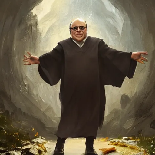 Image similar to Danny DeVito as a magical wizard. Academic painting by Greg Rutkowski, Mobile still frame. 4K UHD