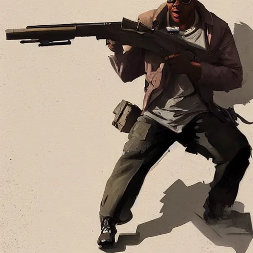 Prompt: franklin from gta v holding a huge machine gun by greg rutkowski