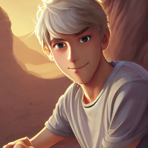 Prompt: young man with short, ash blond greyish hair, light brown eyes, casual clothes, relaxing, happy, path traced, highly detailed, high quality, digital painting, by don bluth and ross tran and studio ghibli and alphonse mucha, sylvain sarrailh, beautiful details