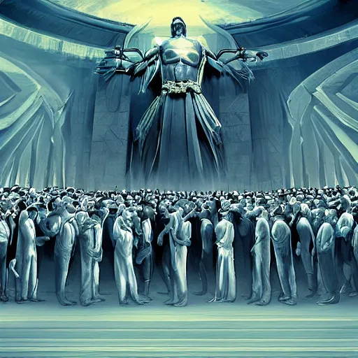 Prompt: cinematic artwork long shot of souls lining up to be judged by a demigod in the afterlife, scales of justice, digital art