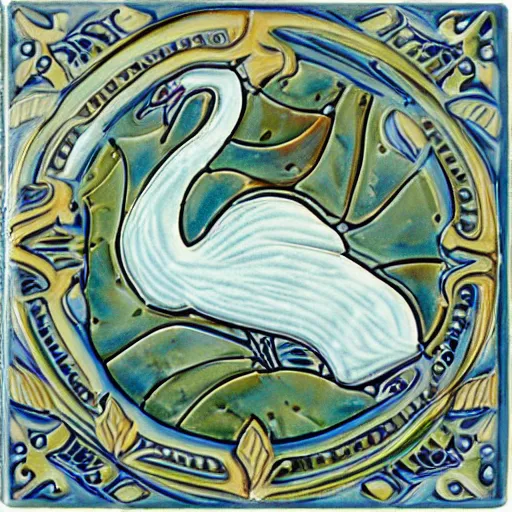 Image similar to beautiful detailed tile design, ceramic paint closeup, depicting swan and waterlily