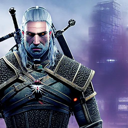 Prompt: the witcher in cyberpunk