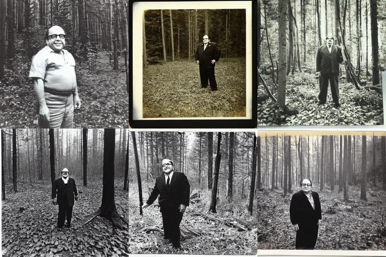 Prompt: 1950s polaroid photo of danny devito standing eerily in the middle of a forest clearing